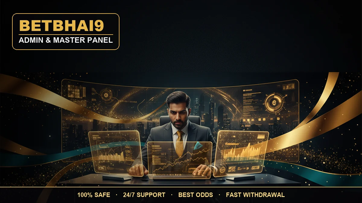 Betbhai9 admin panel — a professional man managing dashboards on a multi-monitor setup with teal neon lighting