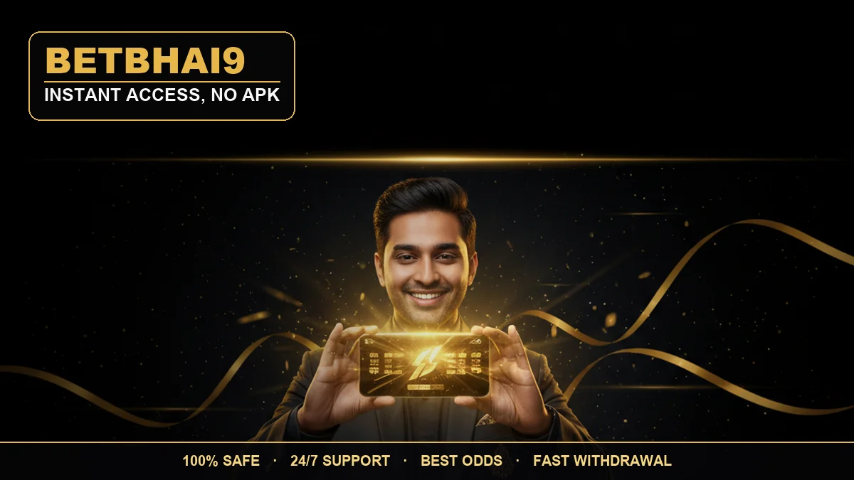 Betbhai9 app experience — a young man holding a smartphone showing a glowing app in a neon-lit night setting