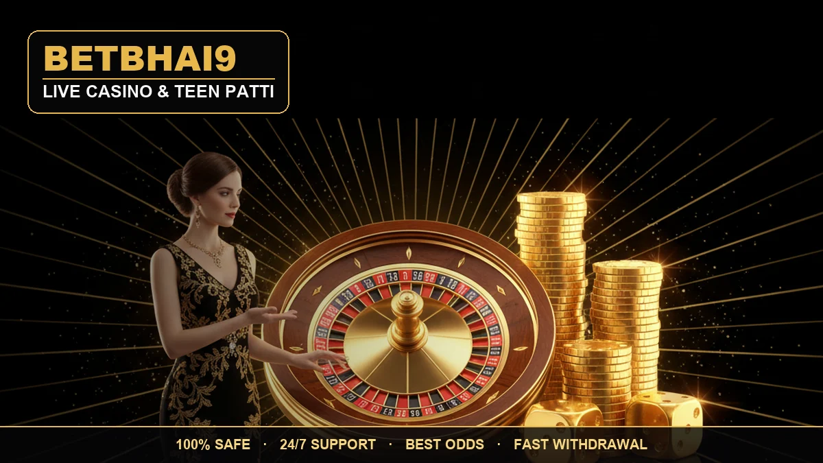 Betbhai9 live casino — a professional female dealer dealing cards at a neon-lit table