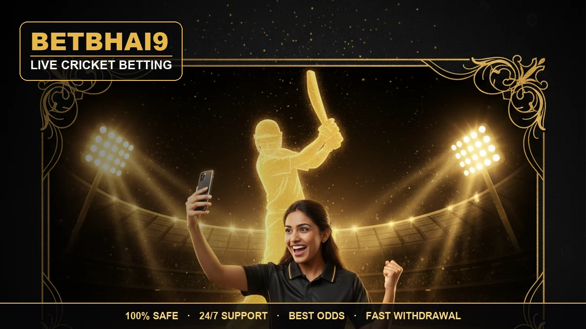 Betbhai9 live cricket betting — an Indian cricketer playing a shot under stadium floodlights